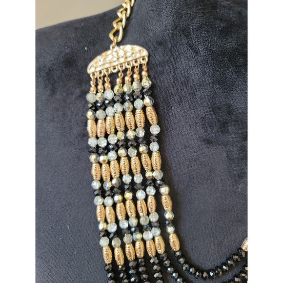 Womens Black And Gold Beaded Multilayer Necklace With Lobster Clasp Lock Jewelry - Picture 5 of 6